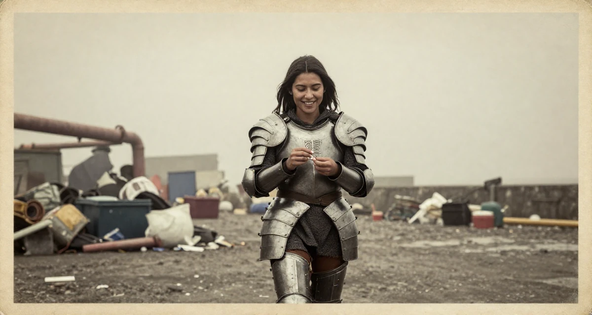 A hopeful Female From Ecuador, based in Guayaquil, graduated from a private institute majoring in consumer psychology in their 25, evaluating long-term career opportunities, wearing a battle-damaged armor showing skin underneath, inspecting fingernails in a foggy harbor.