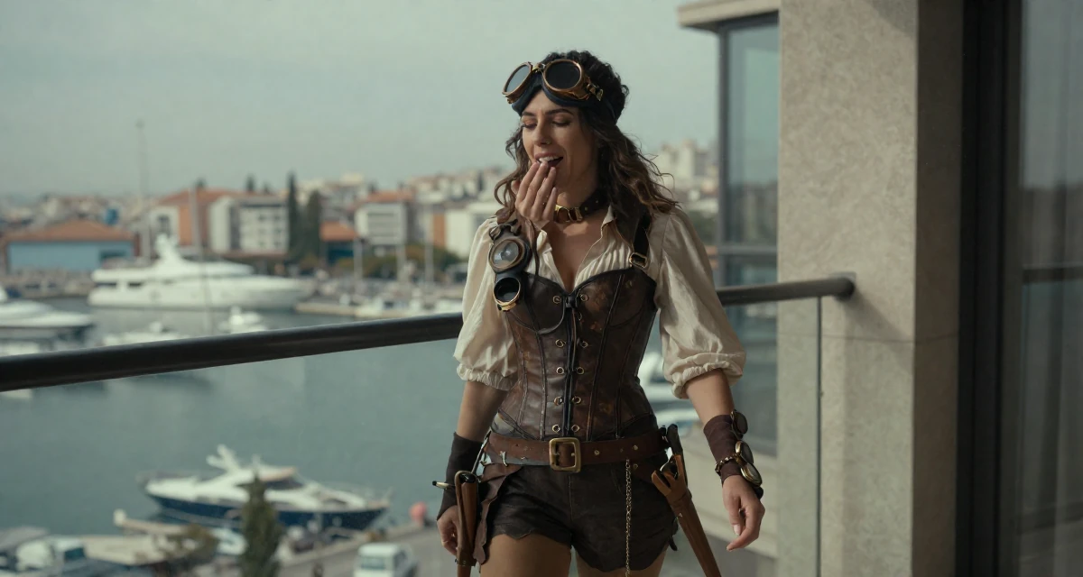 A enigmatic Female From Ankara Türkiye, holds a degree in international trade in their 25, looking back at 21 with a wise smile, wearing a steampunk adventurer outfit with a corset and goggles, yawning discreetly in a luxury penthouse balcony.