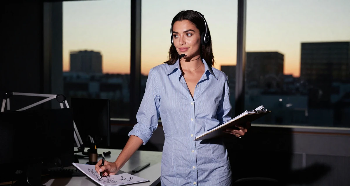 A compassionate Female Once a call-center agent, now a confident camera-ready creator in their 23, balancing bold expression with emotional boundaries, wearing a button-up shirt dress with the top buttons undone, sketching on a pad in a radio station.