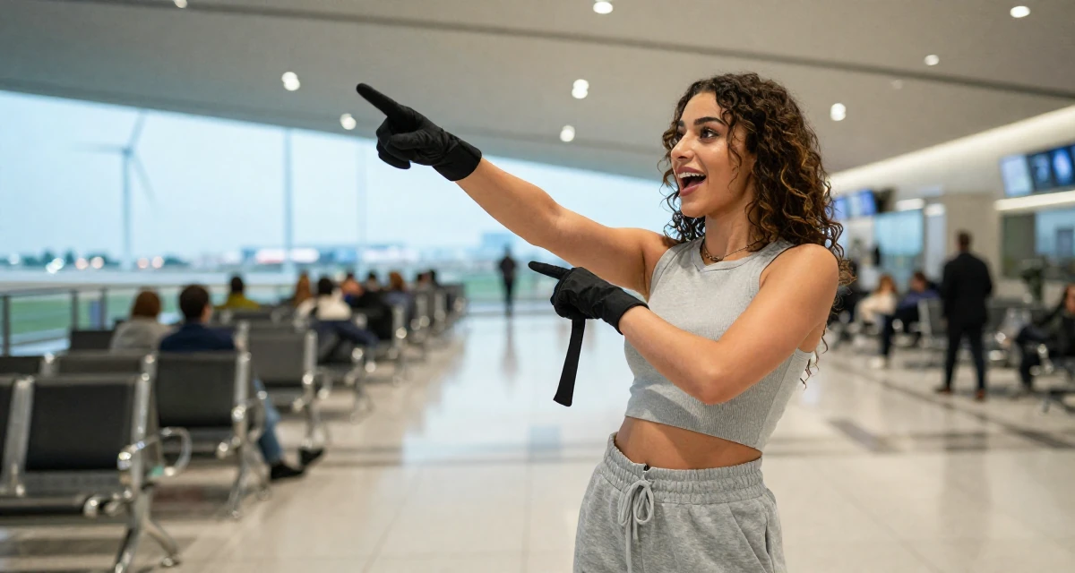A enthusiastic Female Born in Egypt, studied public relations in their 22, learning workplace expectations and boundaries, wearing a cropped tank top and low-waisted sweatpants, removing a glove in a airport terminal.