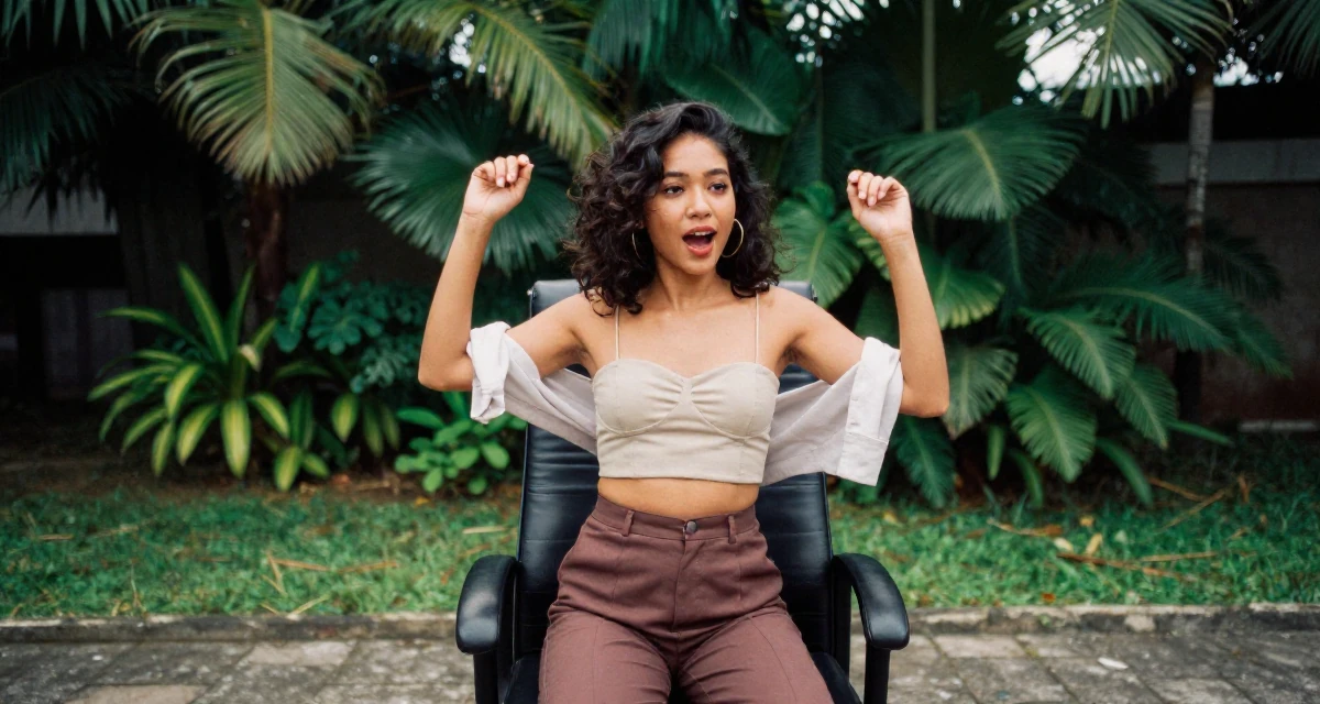 A vibrant Female From the Philippines, majored in creative writing in their 23, discovering the allure of slow, controlled movement, wearing a cropped bustier top and high-waisted slacks, rolling up sleeves in a quiet park.