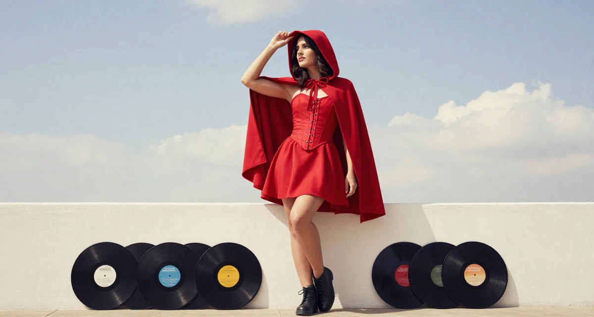 A contemplative Female Born in Colombia, majored in media innovation in their 24, hitting creative block but needing income anyway, wearing a red riding hood inspired cape and corset dress, adjusting a hat in a sunny patio.