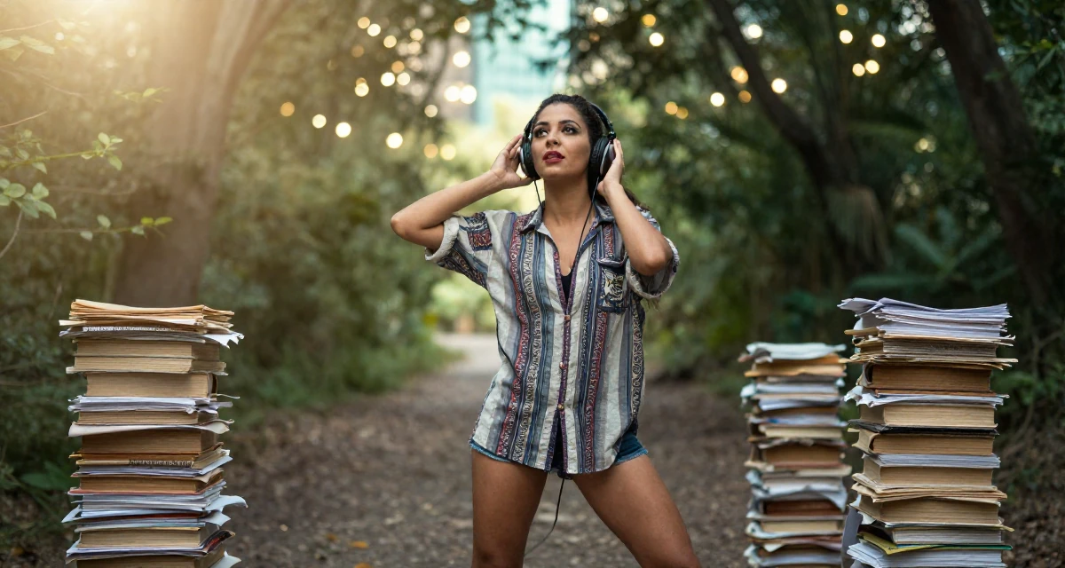 A enigmatic Female From Las Vegas USA, learned burlesque performance and crowd engagement in their 46, passionate about classic literature and arts, wearing a relaxed vacation shirt, listening to music with headphones in a forest path.