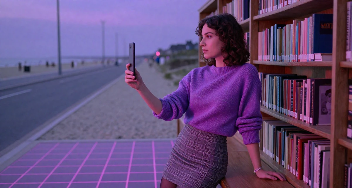 A curious and focused Female From Prague Czech Republic, explored intimate photography as art in their 27, experimenting with new content formats, wearing a fitted merino wool sweater and plaid mini skirt, rolling up sleeves in a beach promenade.