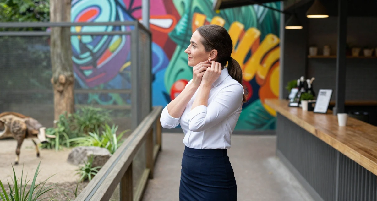 A serene and peaceful male From Netherlands, studied digital media and interaction design in their 23, discovering the allure of slow, controlled movement, wearing a office lady pencil skirt and tight white shirt, putting on earrings in a zoo enclosure path.