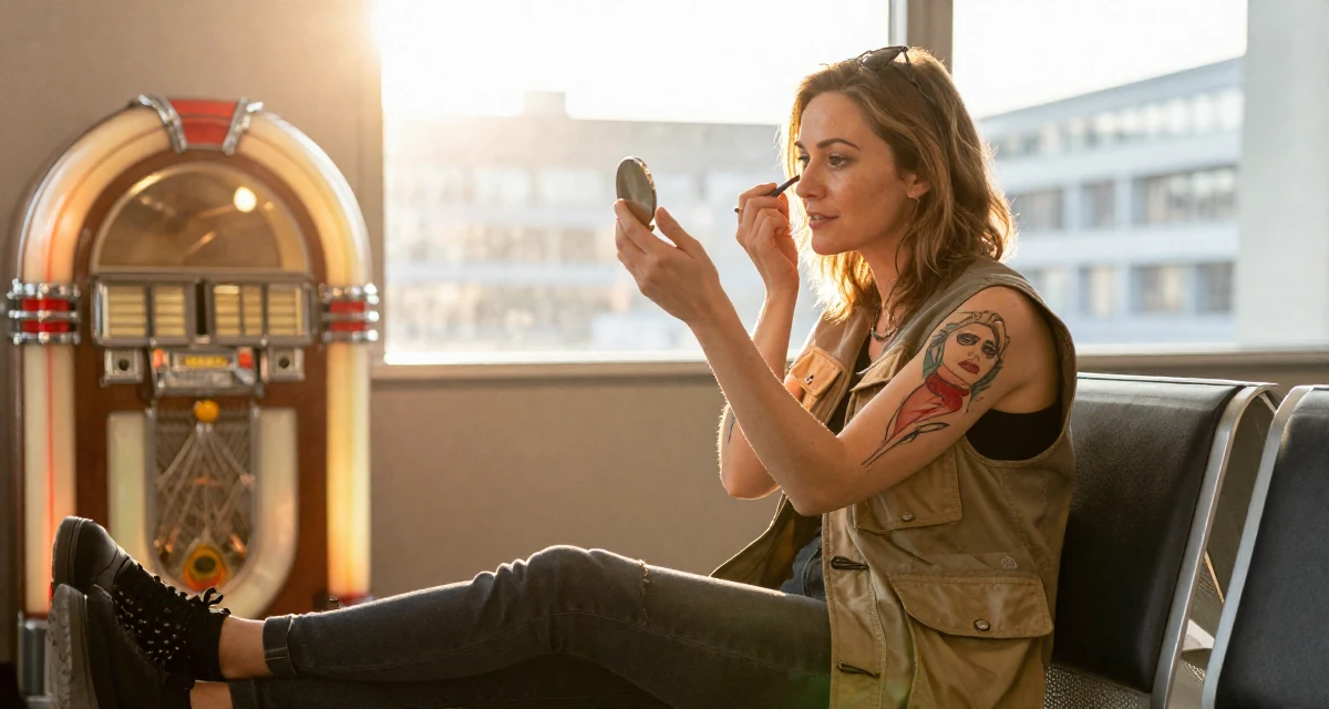 A carefree Female From Berlin Germany, explored body art and alternative fashion scenes in their 49, savvy investor sharing retirement planning tips, wearing a urban explorer utility vest look, checking makeup in a compact mirror in a waiting room.