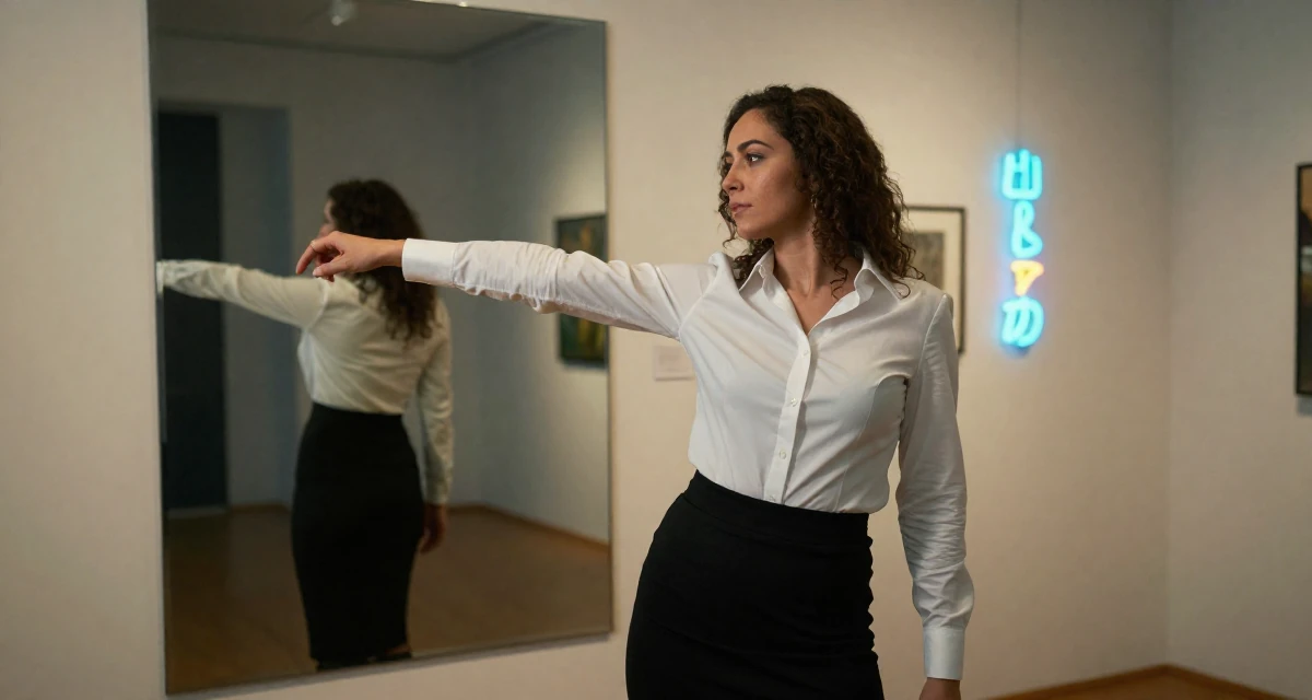A dignified Female From Zurich Switzerland, holds a degree in accounting and finance in their 25, demanding respect in professional settings, wearing a fitted white button-down shirt and a black pencil skirt, smoothing down a dress in a art gallery.