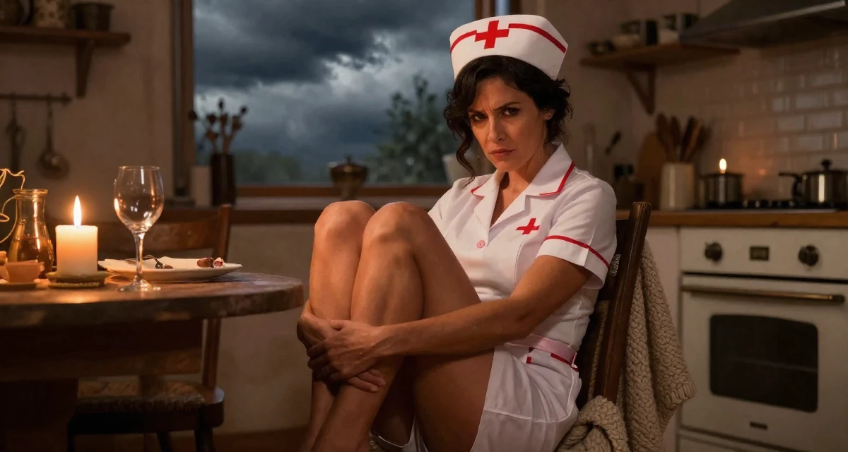 A judgemental Female From Argentina, studied digital illustration at a local art institute in their 46, fashionista proving style has no age limit, wearing a nurse cosplay uniform with a stylized cap, crossing legs in a rustic kitchen.