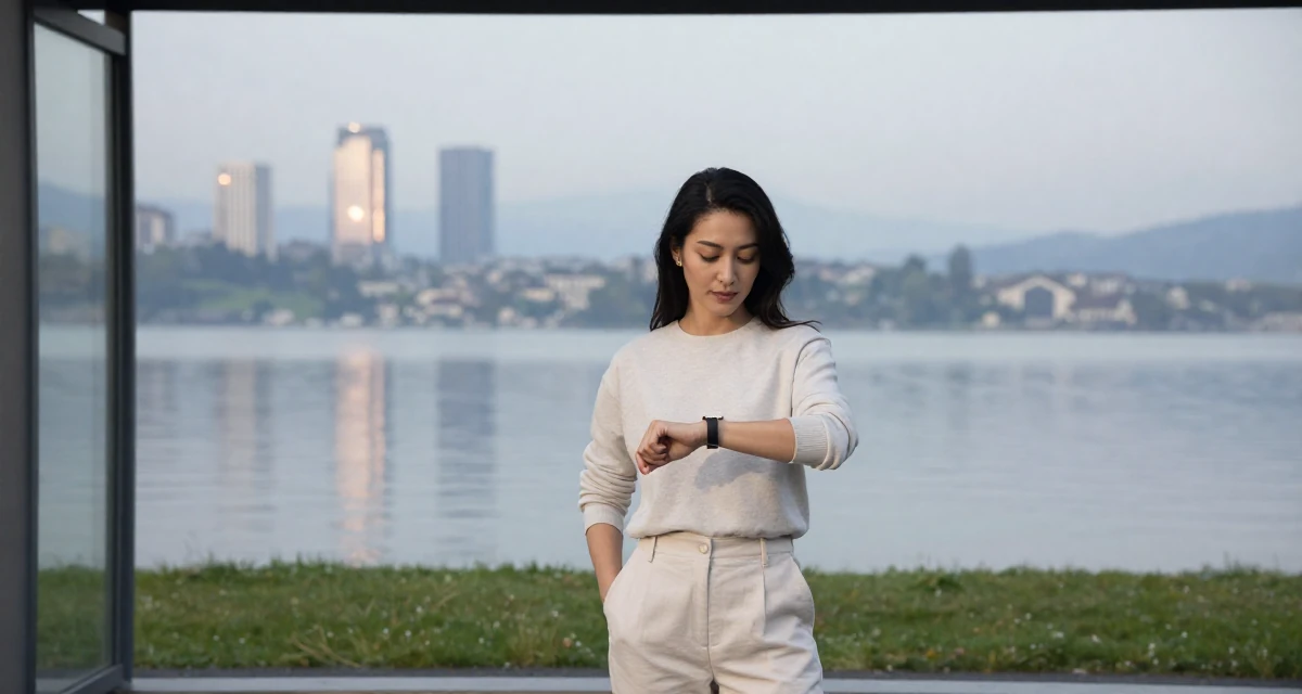 A elegant Female From Switzerland, based in Zurich, graduated from a creative institute majoring in high-end glam production in their 45, sharing the beauty of a quiet rural life, wearing a clean, neutral-toned casual outfit, checking a wristwatch in a bus stop.