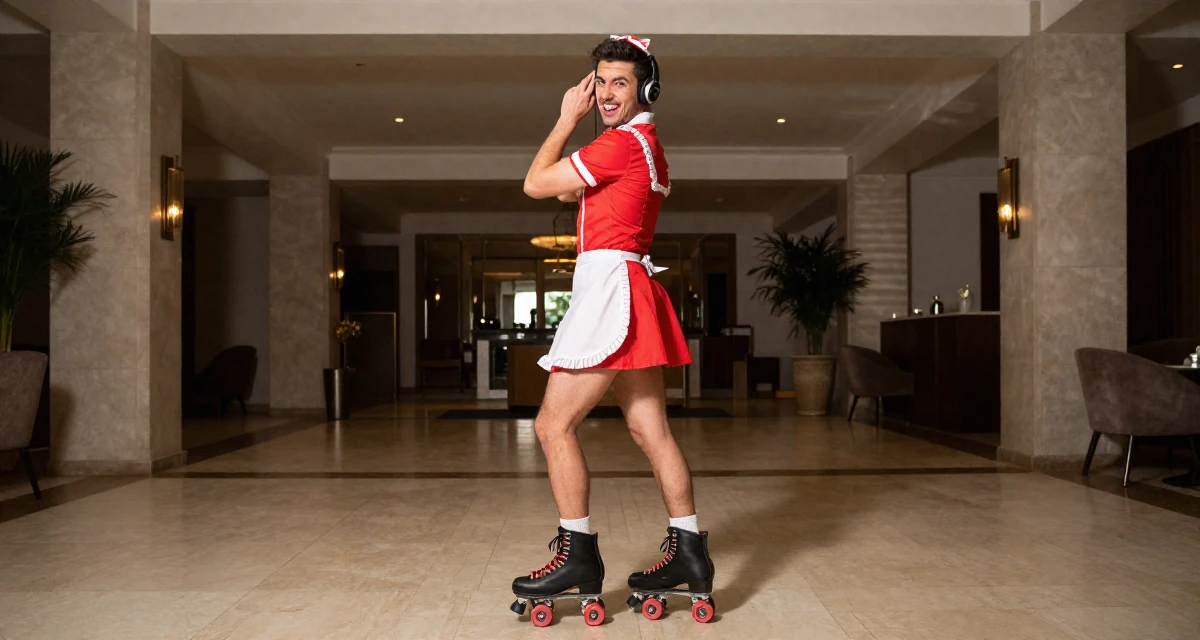 A upbeat male From Vienna Austria, studied stage performance and sensual movement in their 23, experimenting with playful facial expressions, wearing a retro 50s diner waitress uniform with roller skates, adjusting headphones in a luxury hotel lobby.