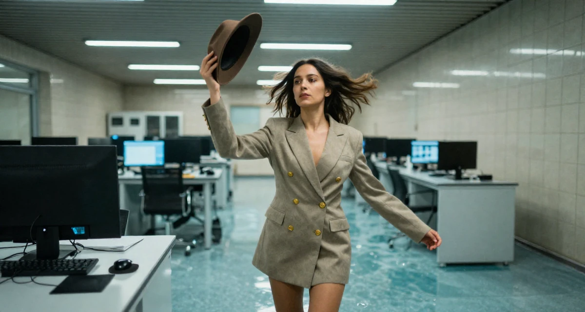 A resolute Female Once a real-estate assistant, now a full-time self-portrait artist in their 25, stabilizing monthly income and planning long-term strategy, wearing a double-breasted blazer dress with gold buttons, holding a hat against the wind in a cybernetic computer lab.