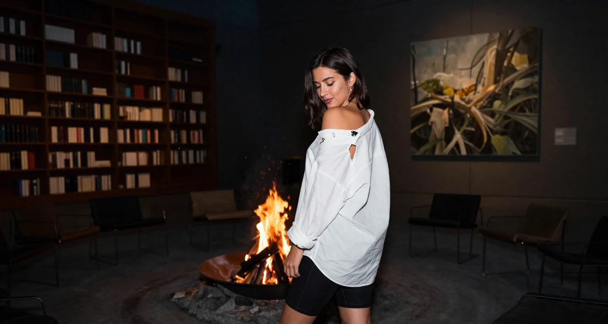 A flirty Female From United States, studied French literature in their 23, deciding between safe and risky career moves, wearing a oversized white shirt worn off one shoulder and biker shorts, looking down at the ground shyly in a campfire circle.
