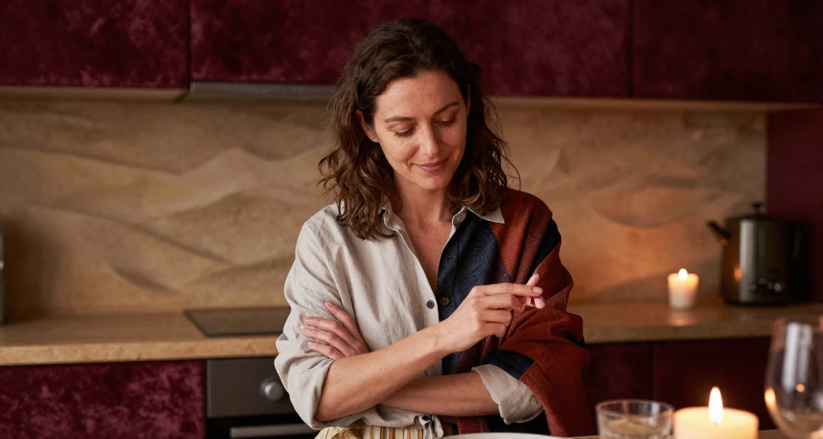 A smiling gently Female From Hungary, based in Debrecen, graduated from a fashion program majoring in bold thematic styling in their 47, sharing tips on managing a multigenerational home, wearing a modern casual lifestyle wear, inspecting fingernails in a rustic kitchen.