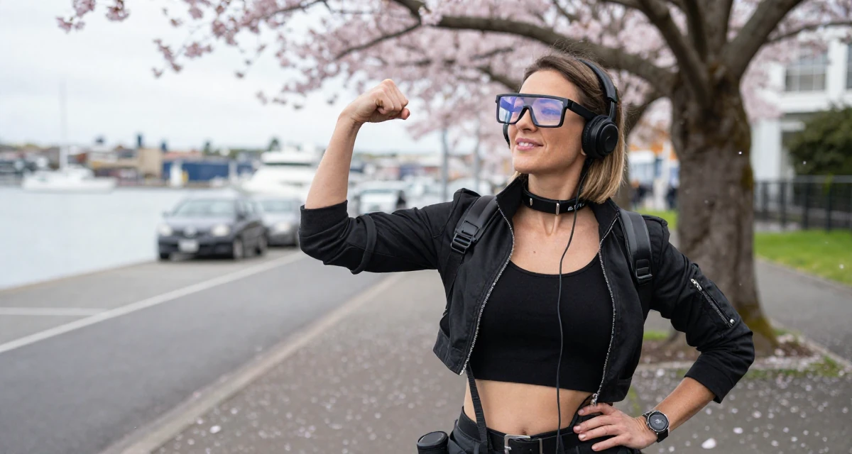 A sweet Female From Australia, majored in e-commerce in their 41, confident mother of teenagers sharing advice, wearing a cyberpunk hacker outfit with oversized tech glasses, massaging the neck in a city sidewalk.