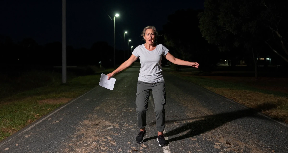 A anxious but excited Female From Brisbane Australia, majored in physiotherapy in their 46, wellness advocate for women over 40, wearing a simple t-shirt and cargo pants, holding a piece of paper in a country road.
