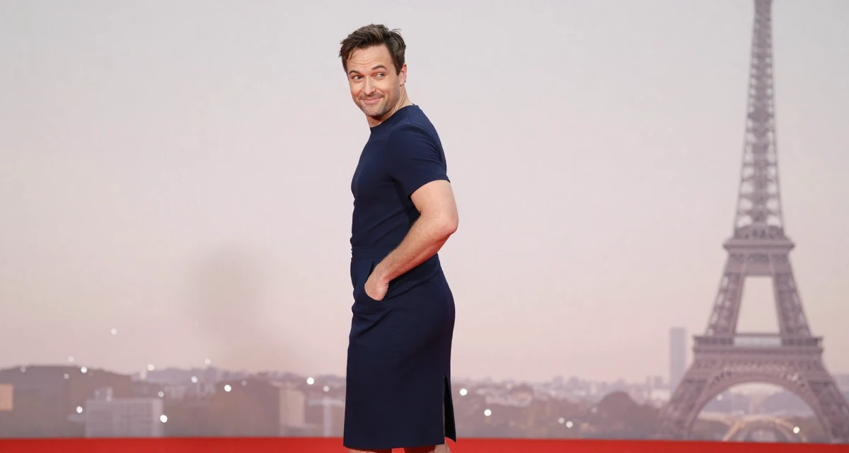 A mischievous male From Auckland New Zealand, studied animation in their 40, celebrating a decade of professional mastery, wearing a navy blue pencil skirt with a back slit, looking for something in a pocket in a red carpet event.