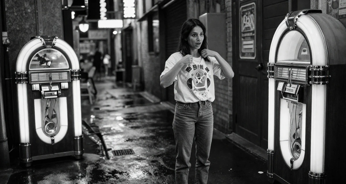 A fascinated Female Once a kindergarten helper, now producing warm lifestyle aesthetics in their 22, dealing with inconsistent motivation, wearing a laid-back graphic tee and jeans, fixing a collar in a neon-lit alleyway.