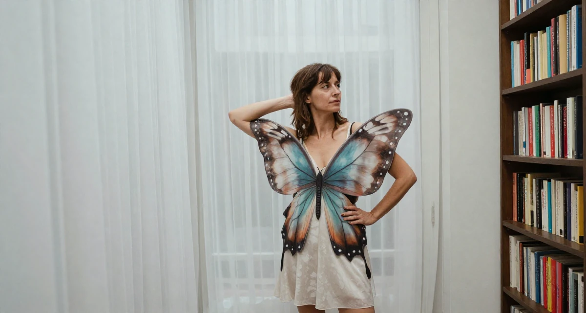 A absent-minded Female From Italy, studied product design in their 50, established authority in a niche industry, wearing a butterfly-themed fairy dress with large wings, tucking hair behind an ear in a quiet alleyway.