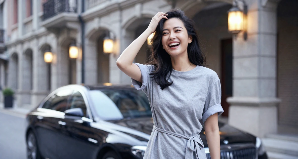 A glowing Female From Wuhan China, learned social media branding through indie projects in their 23, embracing sultry glam aesthetics as signature style, wearing a t-shirt dress with the sleeves rolled up, laughing uncontrollably in a historic downtown.