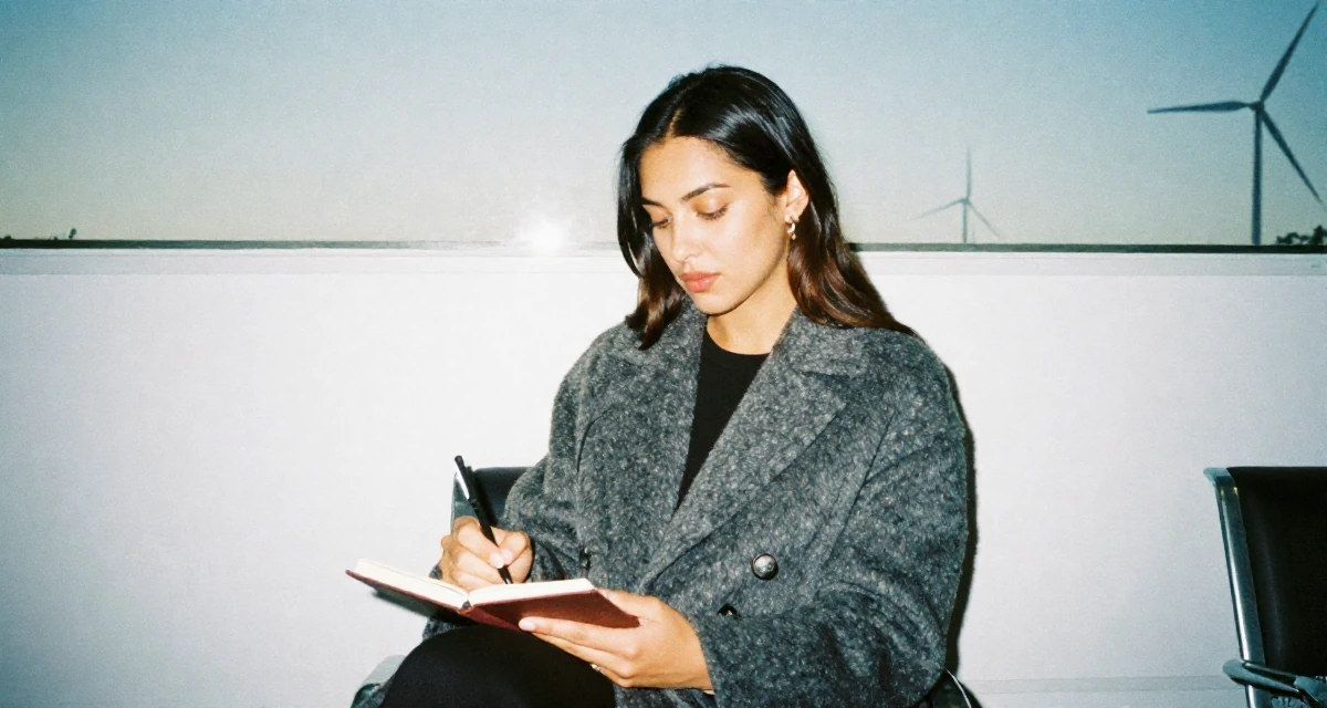 A deeply thinking Female From USA, studied computer science but switched to arts in their 23, using confidence as the core of seductive branding, wearing a elegant woolen coat styling, writing in a notebook in a waiting room.
