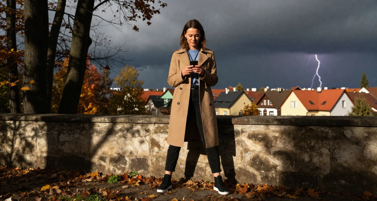 A sincere Female From Warsaw Poland, studied social psychology in their 30, experimenting with bold fashion choices, wearing a refined casual Friday look, checking a phone in a autumn forest.