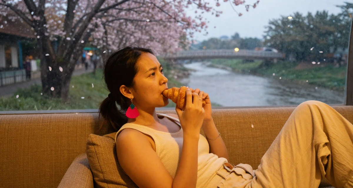 A inspired Female From Chiang Mai Thailand, studied alternative wellness and body flow in their 25, worrying about being judged by classmates, wearing a pop of color accessory look, eating a croissant in a aquarium tunnel.