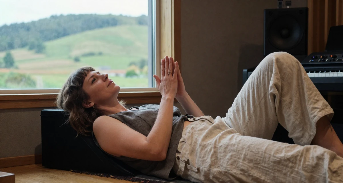 A lighthearted Female From Poland, based in Gdańsk, graduated from a communication college majoring in expressive personal branding in their 46, creating a sanctuary at home for relaxation, wearing a sleeveless vest top and wide-leg linen pants, clasping hands together in a music recording studio.