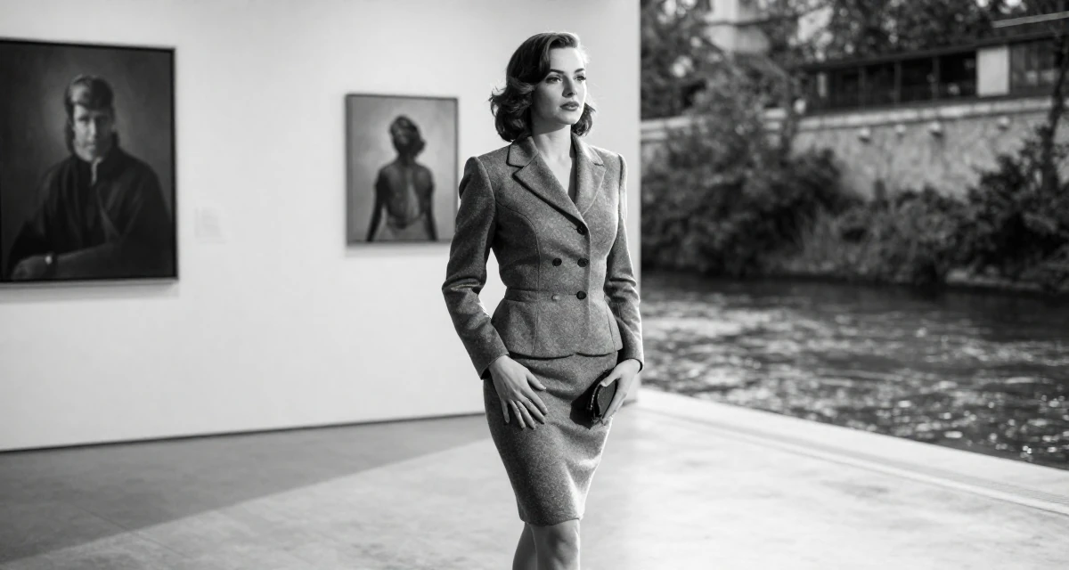 A soulful Female Once a gym receptionist, now building her own fan-driven fitness brand in their 24, walking briskly with purpose and focus, wearing a grey wool skirt suit with a fitted jacket, clutching a clutch bag in a art gallery.