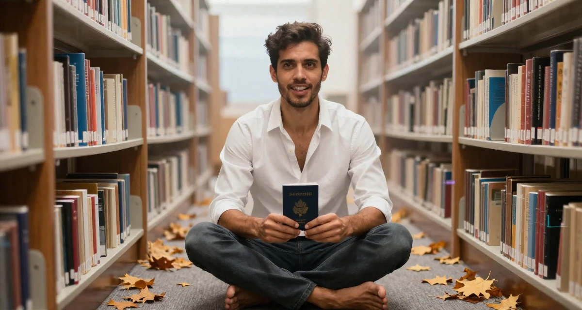 A energetic male From Canada, majored in anthropology in their 23, analyzing which posts convert best, wearing a white shirt unbuttoned to the chest, holding a passport in a library aisle.