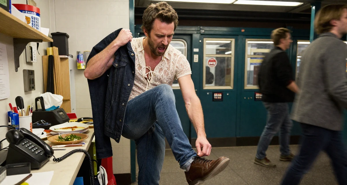 A wild male From Chicago USA, holds a degree in communications in their 46, sharing easy gourmet recipes for two, wearing a lace-up front top and skinny jeans, tying a shoelace in a messy artist studio.
