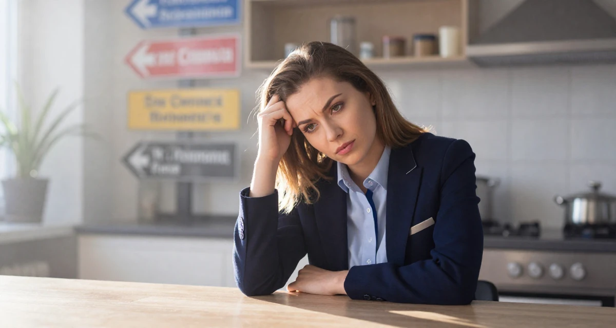 A assertive Female From Romania, trained in multimedia design in their 25, gaining confidence in professional expertise, wearing a school council president uniform with a blazer, scratching the head in confusion in a sunlit kitchen island.