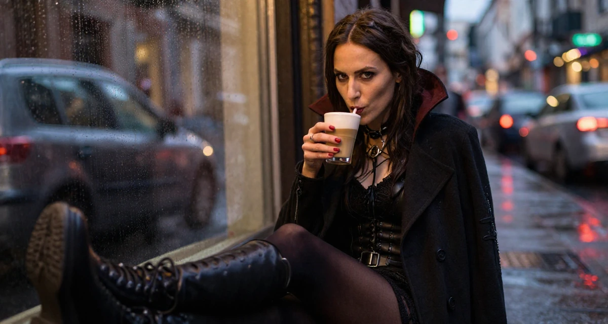 A satisfied Female Grew up in Croatia, studied interaction design in their 23, realizing content creation requires real discipline, wearing a gothic vampire hunter outfit with a long coat, sipping a latte in a neon-lit alleyway.