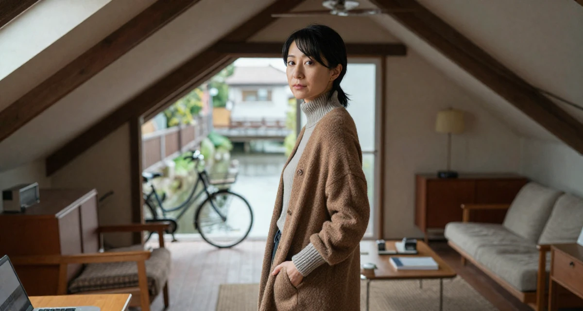 A cool and collected Female From Japan, studied early childhood education in their 32, managing high-stakes projects with calm, wearing a warm winter layered look, sliding a hand into a pocket in a attic room.