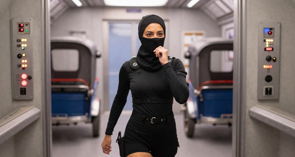 A hopeful Female From Buenos Aires Argentina, trained in tango and partner flow in their 30, planning adult responsibilities with unstable cash flow, wearing a tech-wear ninja outfit with a face mask, biting the lower lip softly in a spaceship corridor.