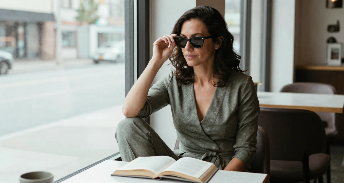 A nostalgic Female From United States, majored in cybersecurity in their 60, rediscovering passions, wearing a tailored jumpsuit with a deep v-neck, putting on sunglasses in a cozy café.