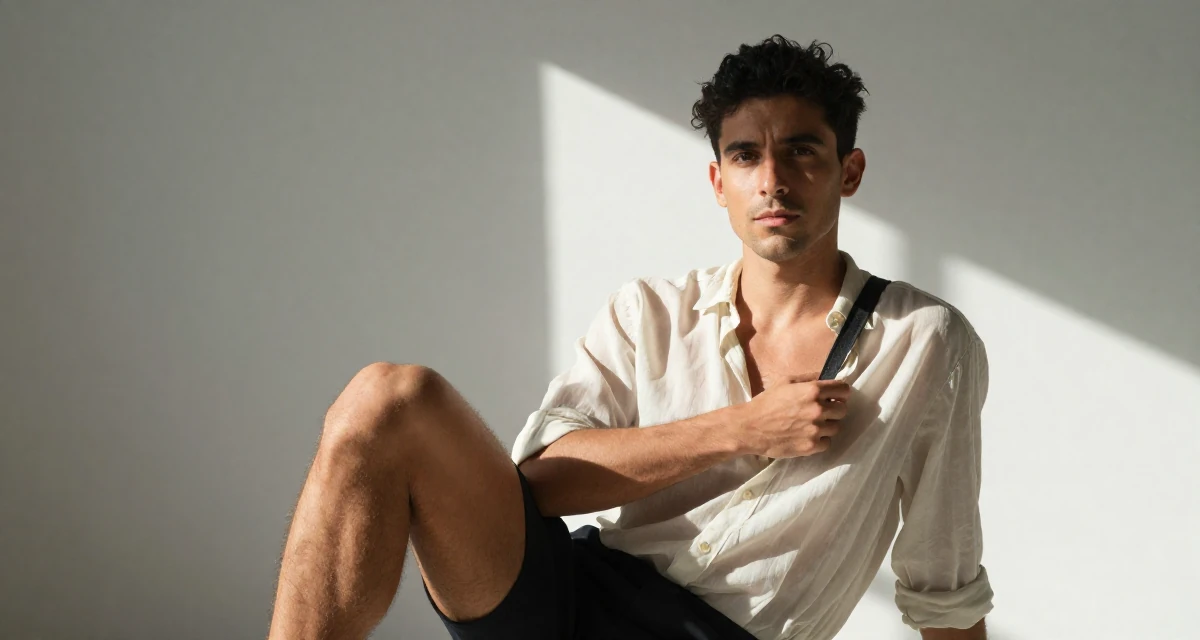A calm and confident male From Madrid Spain, studied sensual dance and camera presence in their 25, starting college life away from home, wearing a lightweight chiffon blouse slightly unbuttoned, adjusting a shoulder strap in a photo studio.