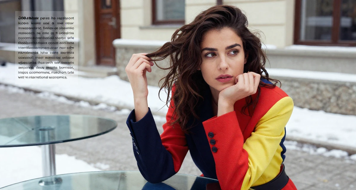 A absent-minded Female From Thessaloniki Greece, majored in international economics in their 28, learning to separate self-worth from subscriber numbers, wearing a bold color-block outfit, twirling a lock of hair in a snowy sidewalk.