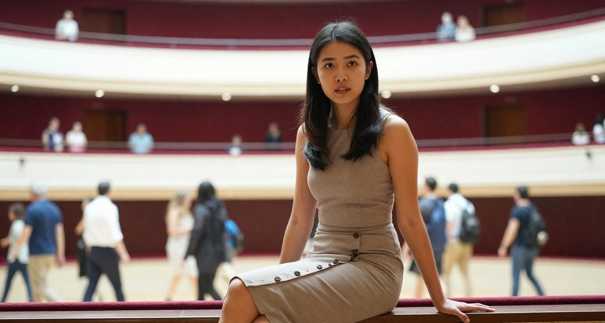 A focused and sharp Female From Singapore, based in Tampines, graduated from a polytechnic majoring in business analytics in their 24, starting to feel comfortable in their own skin, wearing a fitted midi skirt with buttons down the front, shifting weight impatiently in a opera house balcony.