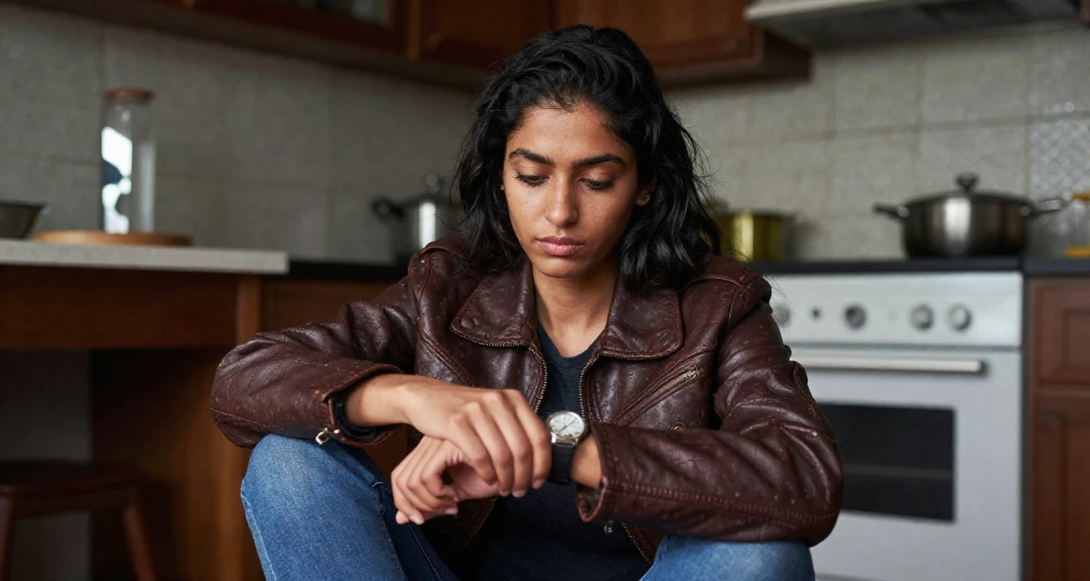 A aloof Female From Sri Lanka, studied supply chain management in their 23, realizing that friendships require hard work, wearing a vintage-inspired leather jacket look, glancing at a wristwatch in a rustic kitchen.