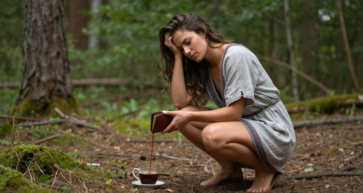 A lighthearted Female From Gothenburg Sweden, trained in athletic movement and strength flow in their 21, struggling to wake up for early morning lectures, wearing a relaxed bohemian style dress, checking a wallet in a magical forest clearing.