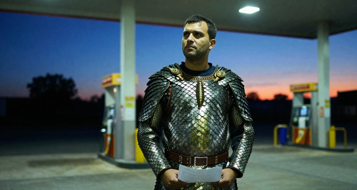 A pensive male From Birmingham United Kingdom, holds a degree in economics in their 30, knowing the hustle is hard but quitting feels worse, wearing a dragon scale armor texture with metallic sheen, holding a piece of paper in a gas station at night.