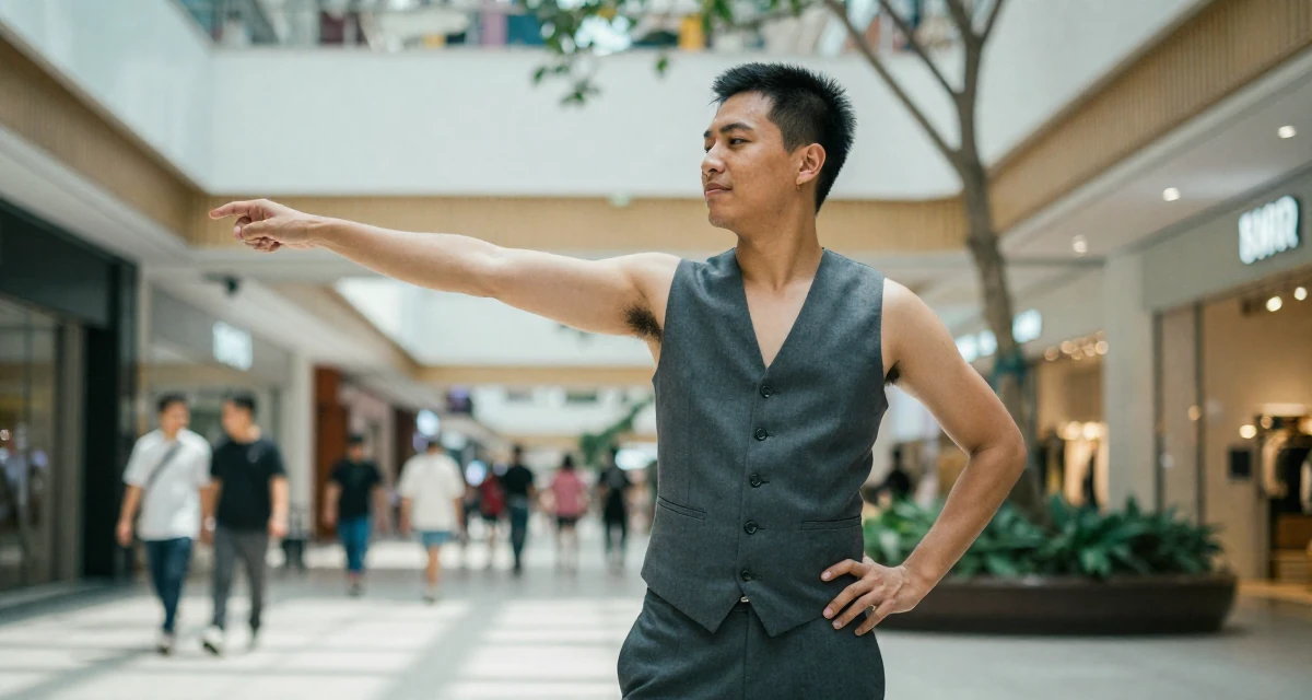 A gentle male Previously a music major, now offering exclusive performance clips in their 49, creating content about cultural heritage, wearing a fitted vest top worn without a shirt underneath and slacks, stretching arms after waking in a shopping mall atrium.