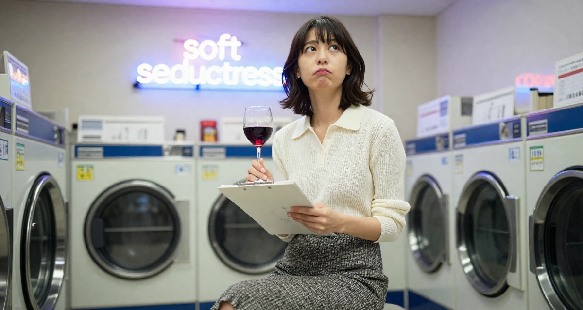 A sarcastic male From Tokyo Japan, studied gravure-style posing and aesthetic direction in their 22, embracing a “soft seductress” vibe in shoots, wearing a knitted polo shirt tucked into a midi skirt, sketching on a pad in a laundromat with neon signs.