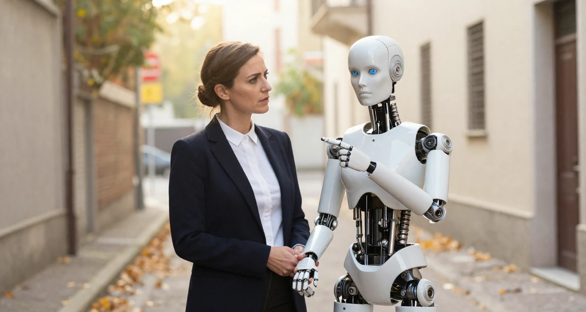 A tense Female From Italy, majored in law in their 46, sharing elegant fashion tips for the office, wearing a cybernetic doll outfit with porcelain-like skin textures, pointing at something distant in a neon-lit alleyway.