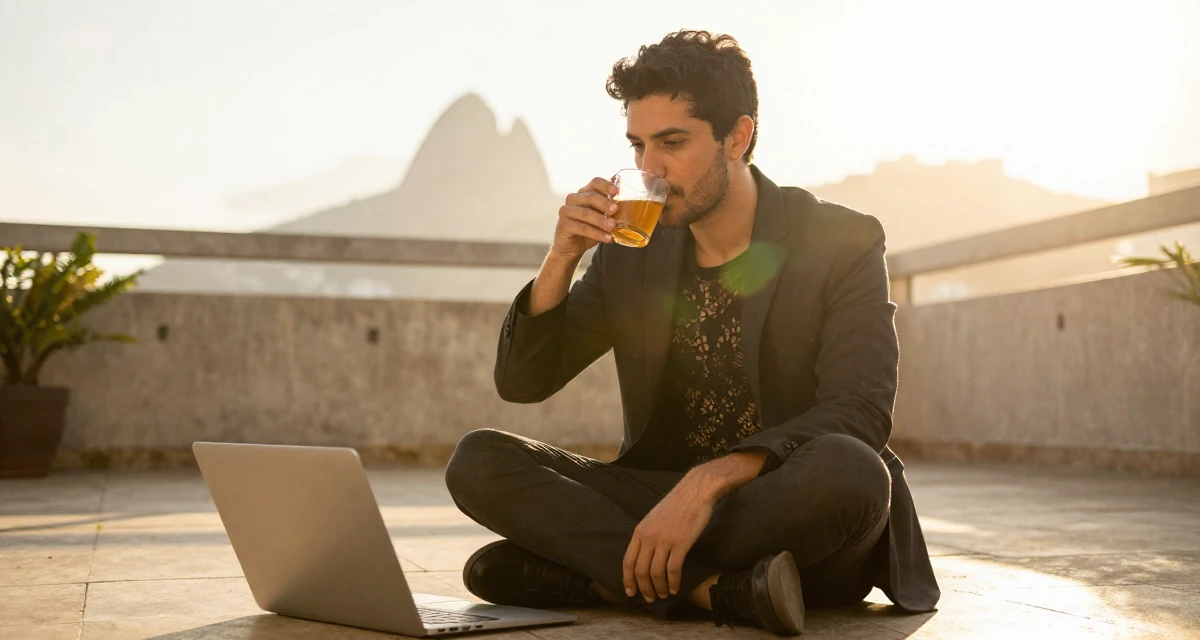 A focused male From Brazil, based in Rio de Janeiro, graduated from an arts academy majoring in performance aesthetics in their 32, building a side hustle while working full-time, wearing a black lace top under a business suit, sipping a warm drink in a sunny patio.