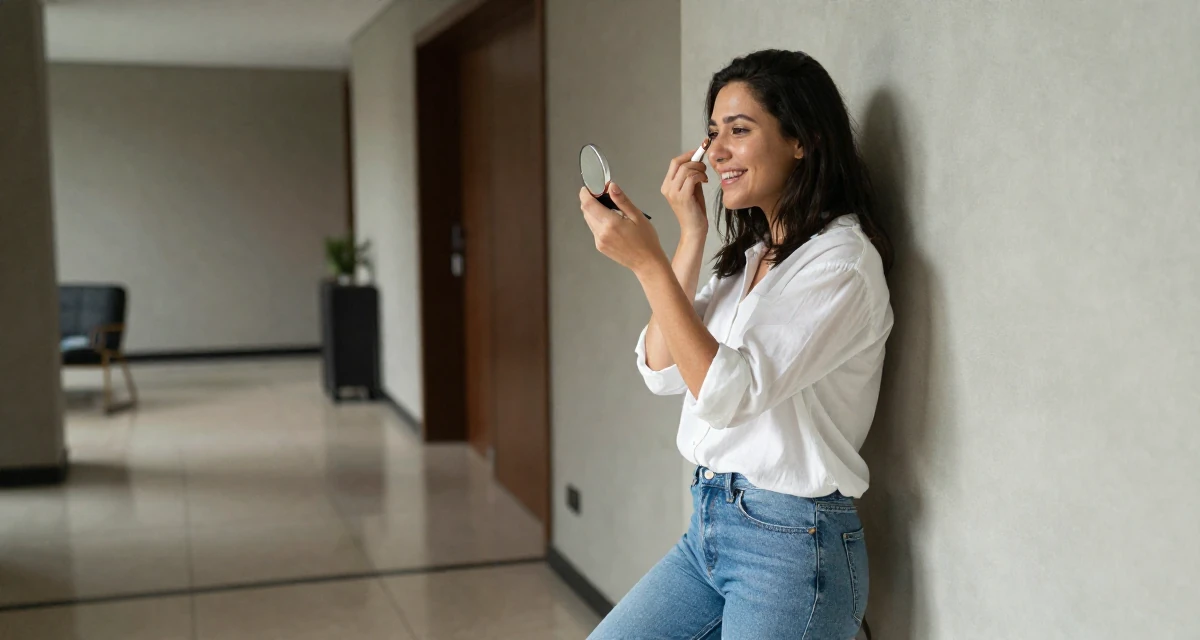 A joyful Female Once a babysitter, now documenting grown-up self-expression in their 31, feeling the biological clock or societal pressure, wearing a effortless white blouse and jeans, checking makeup in a compact mirror in a hotel lobby.