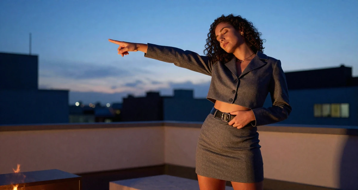 A sleepy Female From Brazil, majored in communication in their 23, balancing risk-taking with stability needs, wearing a cropped tailored jacket and matching mini skirt, fixing a belt buckle in a rooftop terrace at sunset.