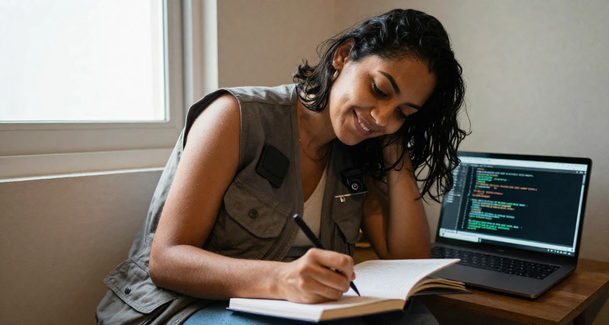 A relaxed and happy Female From Brazil, majored in communication in their 39, advocating for mental health awareness, wearing a urban explorer utility vest look, writing in a journal in a cozy reading nook by a window.