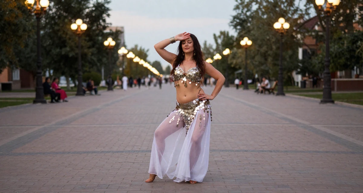 A tranquil Female From Kazakhstan, studied financial mathematics in their 49, celebrating a life of resilience and grit, wearing a belly dancer outfit with sheer fabrics and coins, resting a hand on the forehead in a pedestrian plaza.