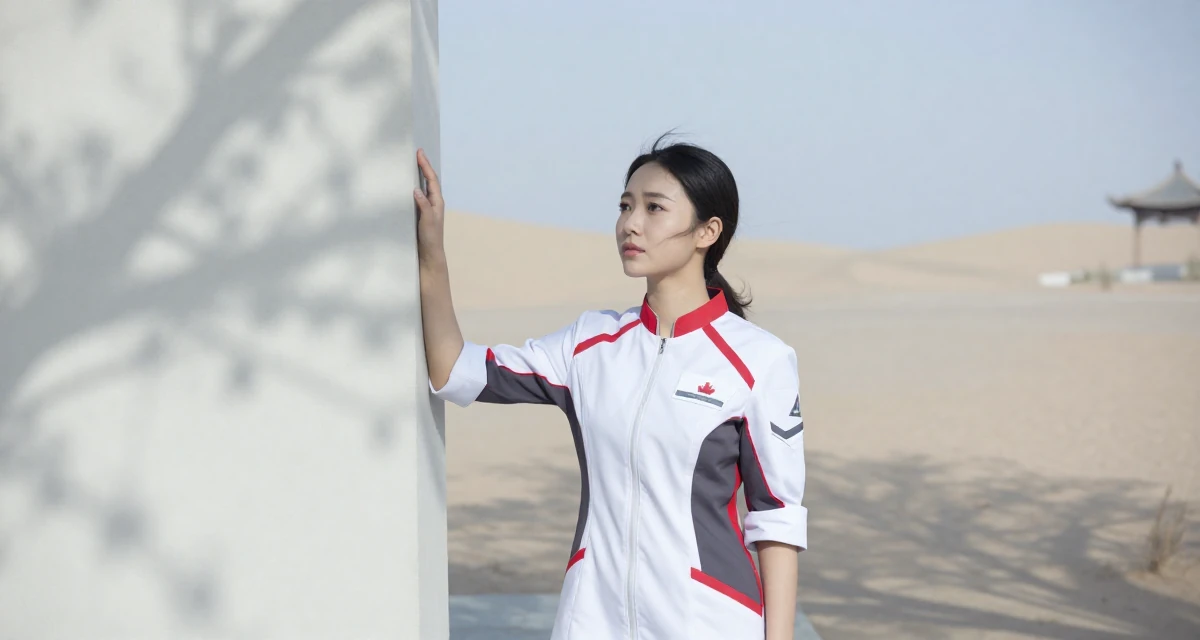 A dreaming Female From Montreal Canada, holds a degree in French literature in their 22, becoming more aware of personal boundaries with fans, wearing a futuristic medic uniform with white and red details, rolling up sleeves in a desert landscape.